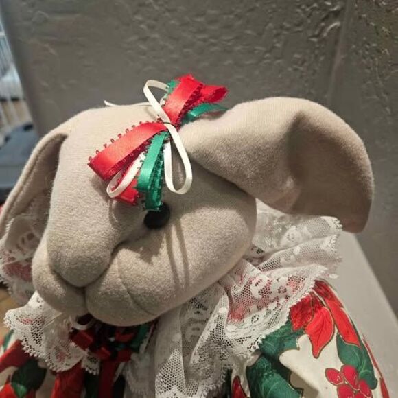 Poinsettia Shelf Sitting Christmas Stuffed Bunny Rabbit 20" Plushie Plushy - Picture 3 of 6